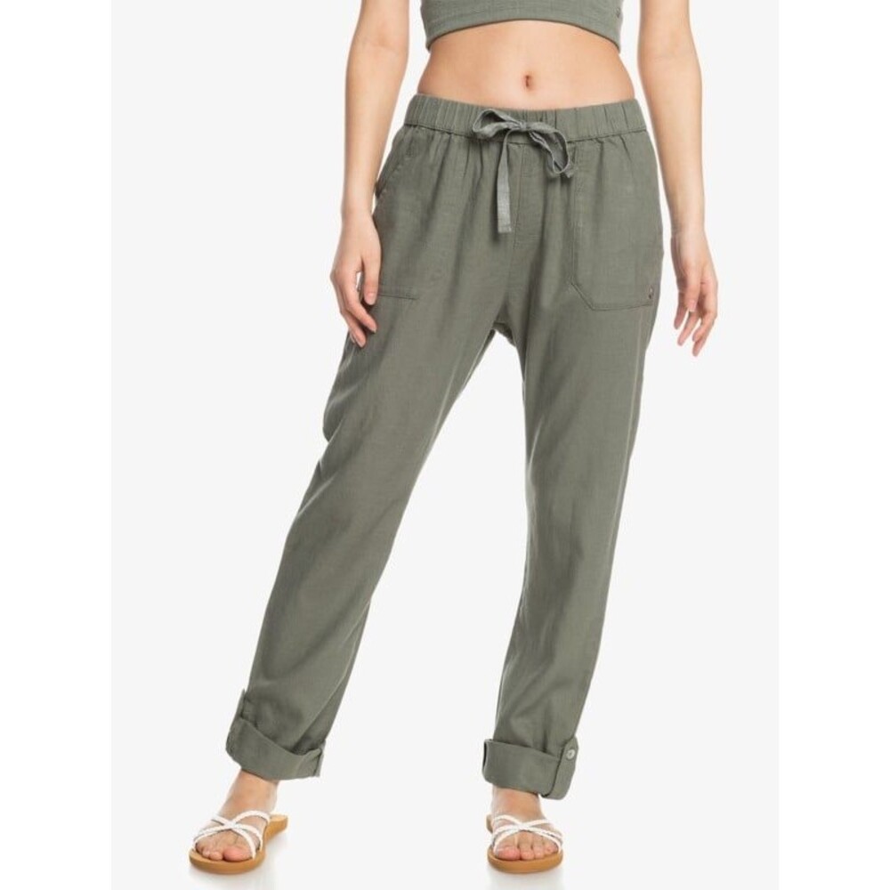 NWT Roxy On The Seashore Olive Linen Blend Pull On Pockets Slouchy Pants M